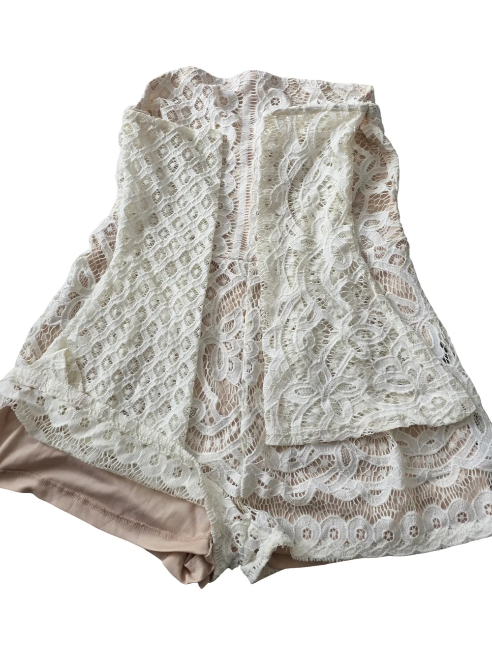 privy White Lace High-Waist Off-Shoulder Shorts Romper - Picture 3 of 9